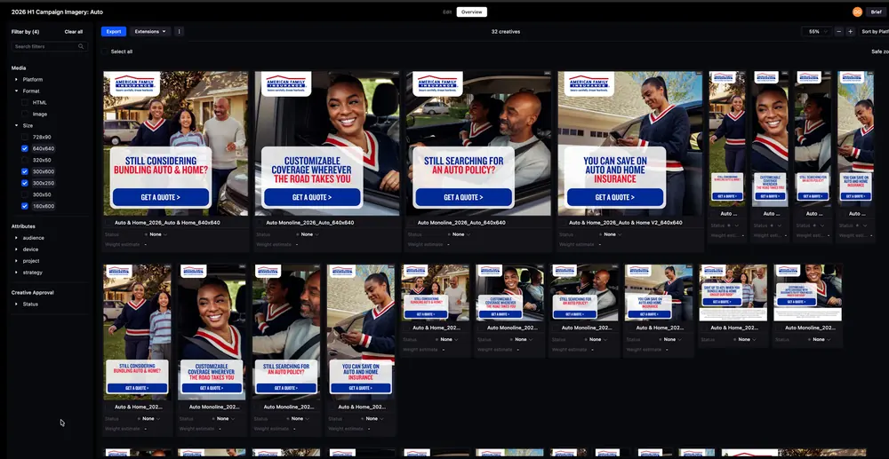 Celtra overview showing 32 American Family Insurance display creatives across multiple sizes