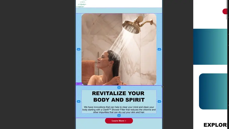Delta Faucet email component inspected in Figma Dev Mode with spacing measurements